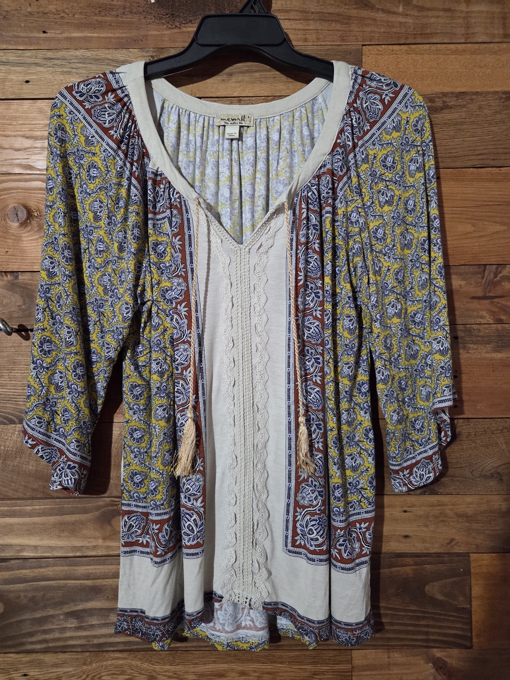 Boho Paisley Lace Trim Peasant Tunic Top Tassel Tie 3/4 Sleeve Festival Casual
